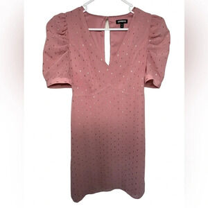 Express Womens Pink Metallic Dot Puff Sleeve Fit And Flare Dress Size Small